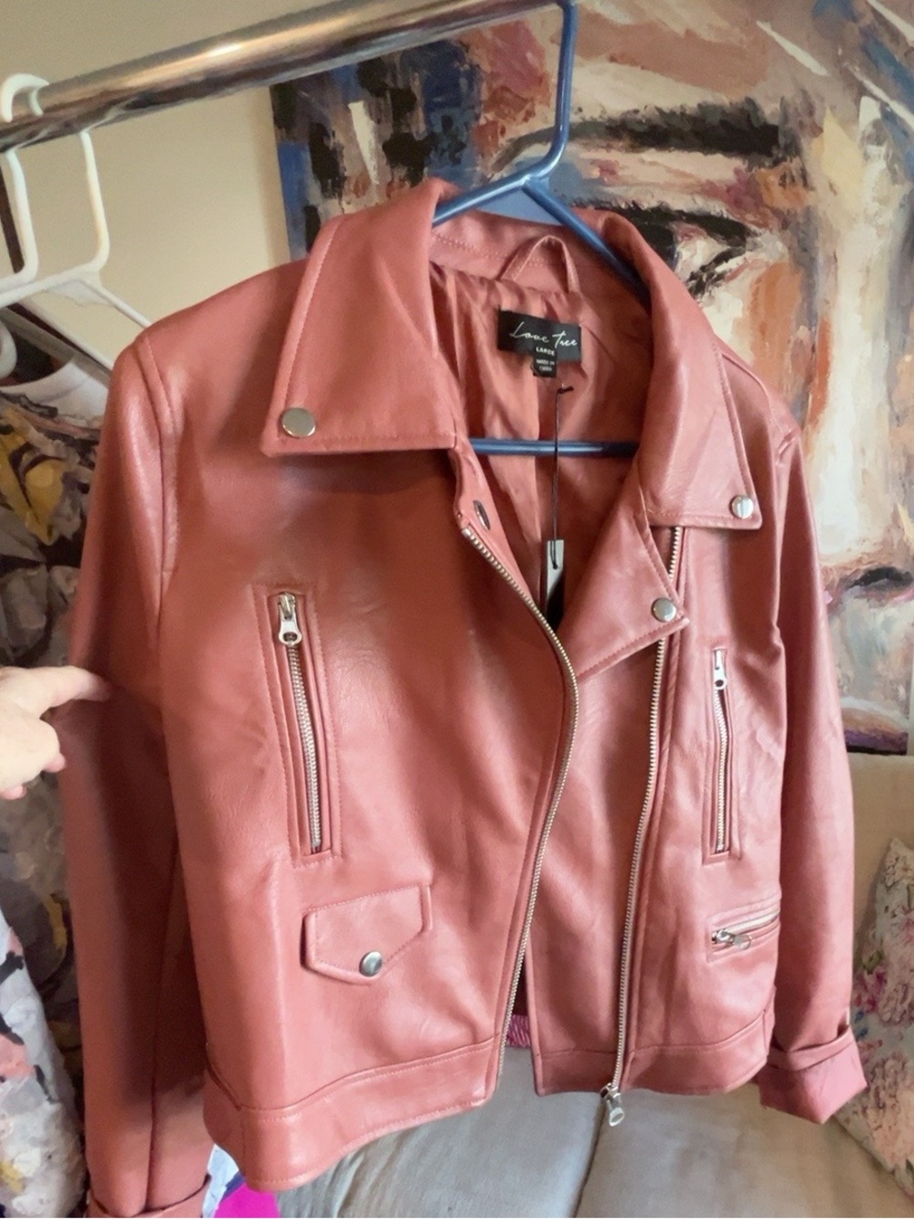 Love Tree L Dusty Rose Faux Leather Moto Biker Jacket